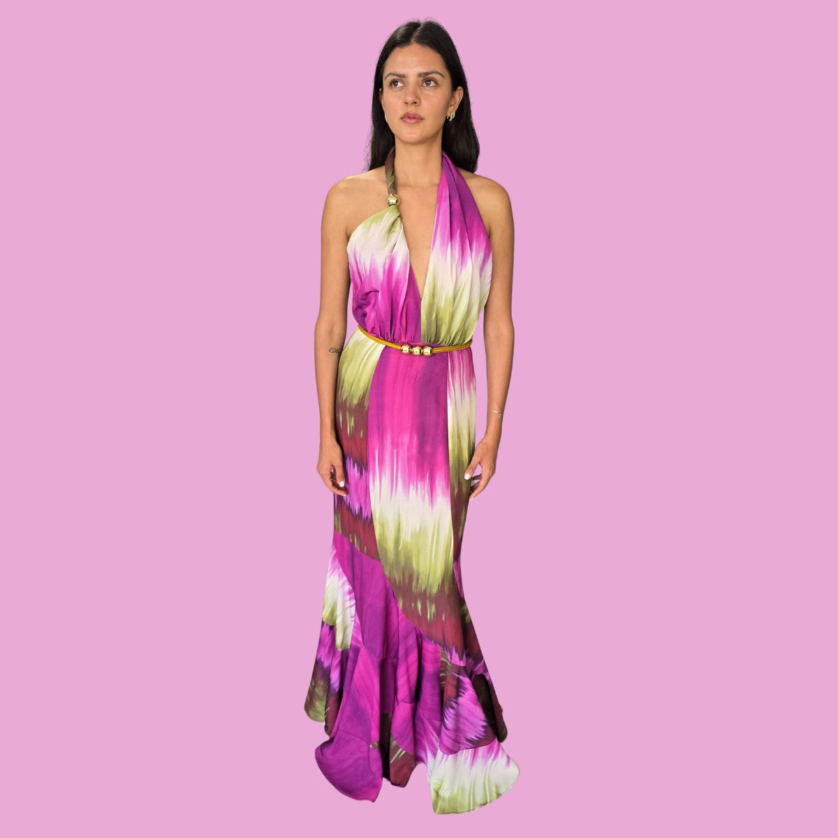 Vestido Satín Verde y Morado Halter