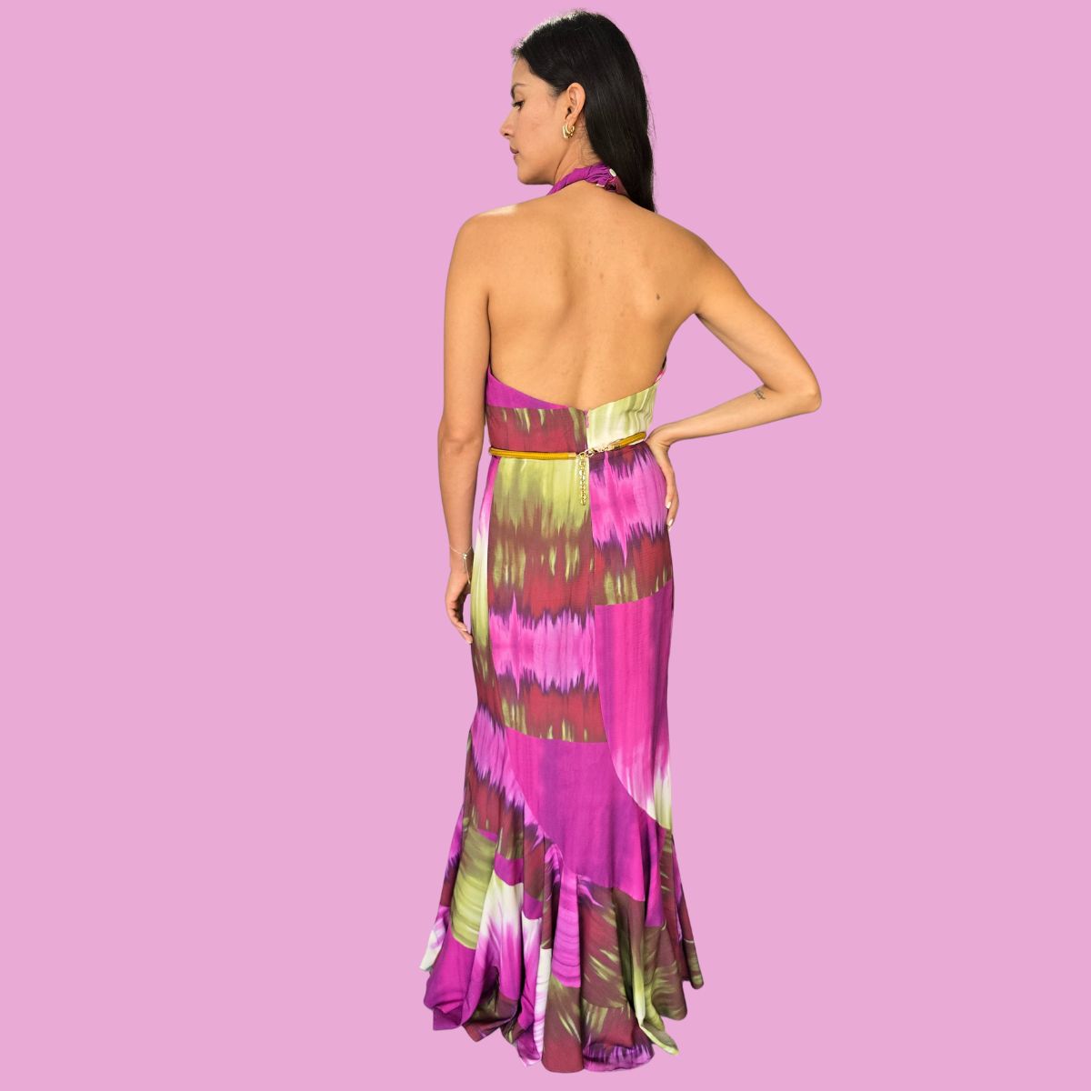 Vestido Satín Verde y Morado Halter