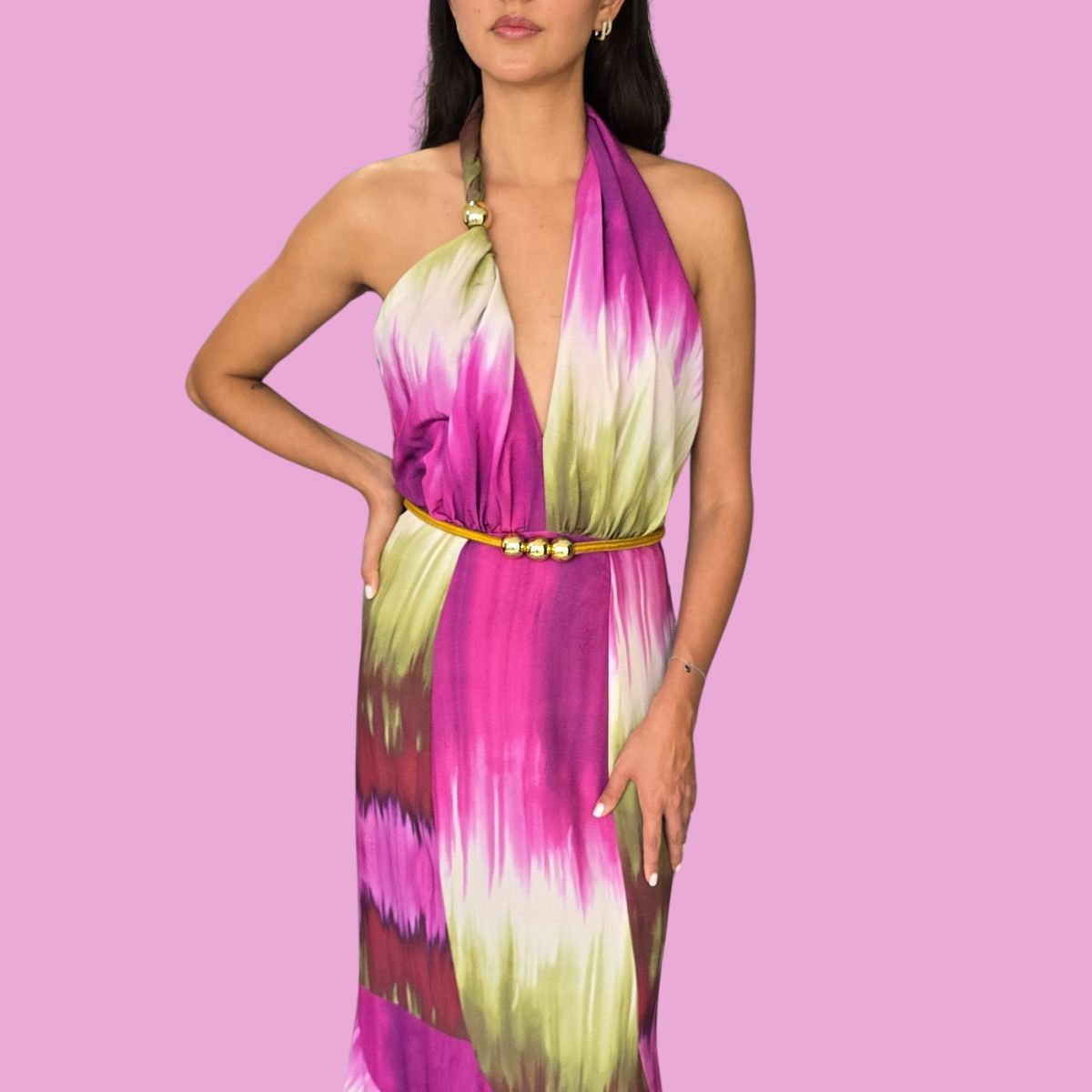 Vestido Satín Verde y Morado Halter