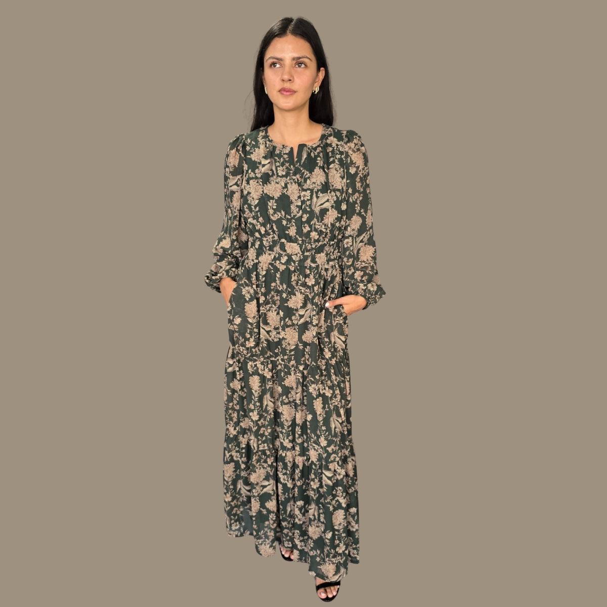 Vestido Mangas Verde Estampado Flores Café