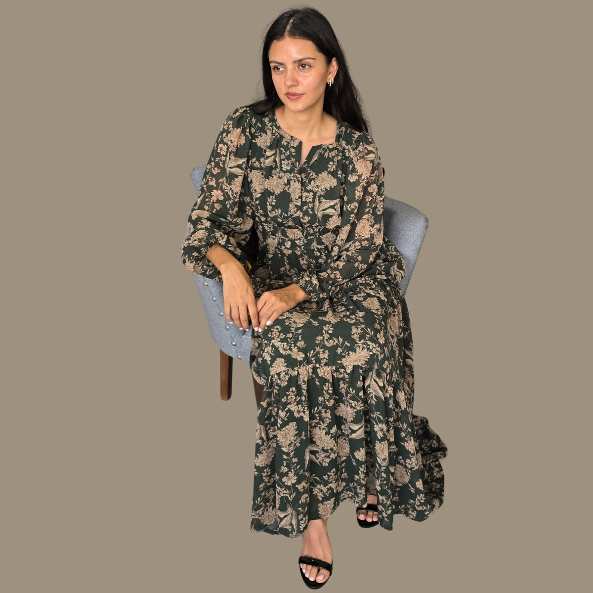 Vestido Mangas Verde Estampado Flores Café