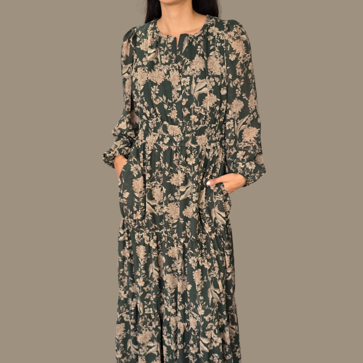 Vestido Mangas Verde Estampado Flores Café