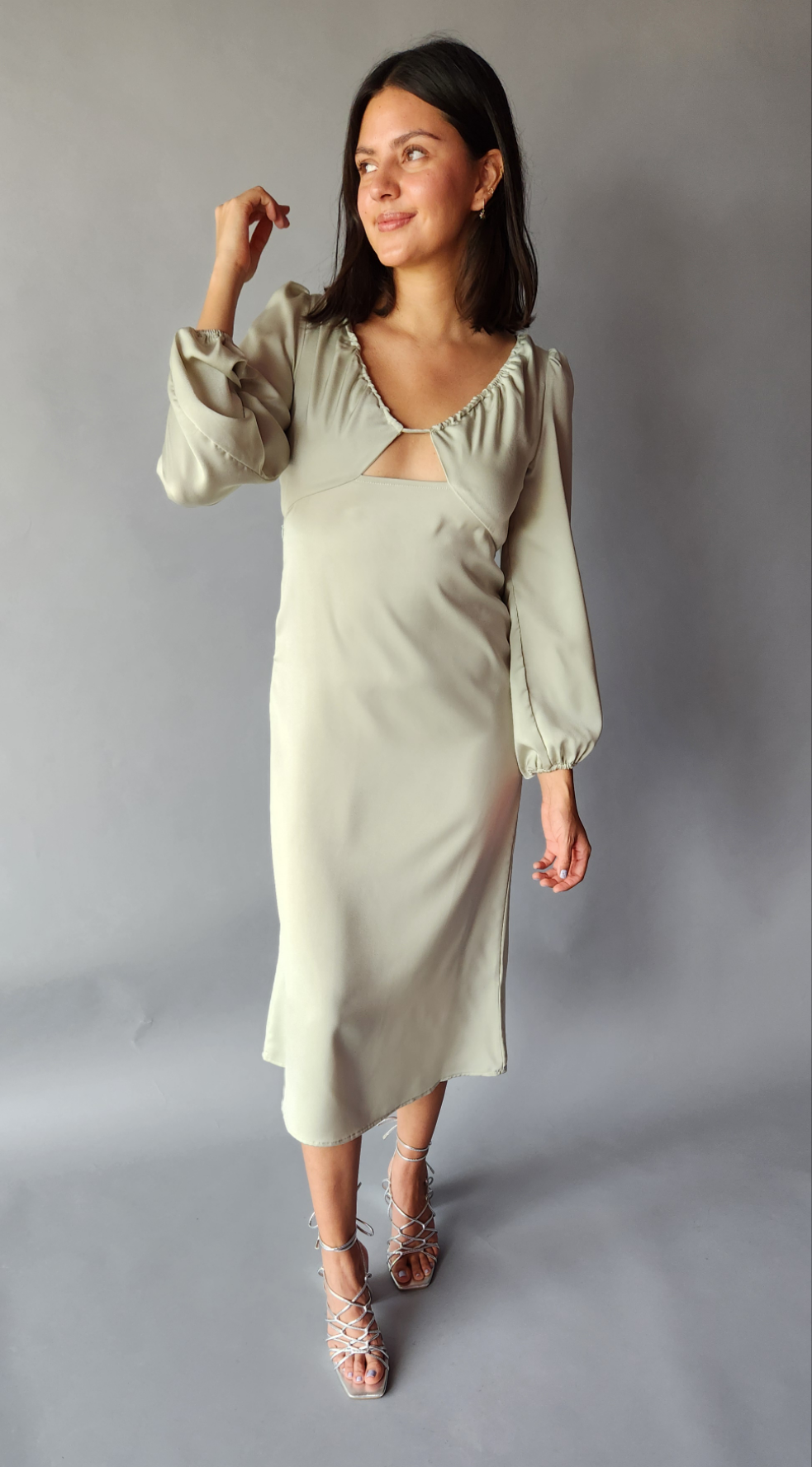 Vestido Midi Mangas Verde Pistache