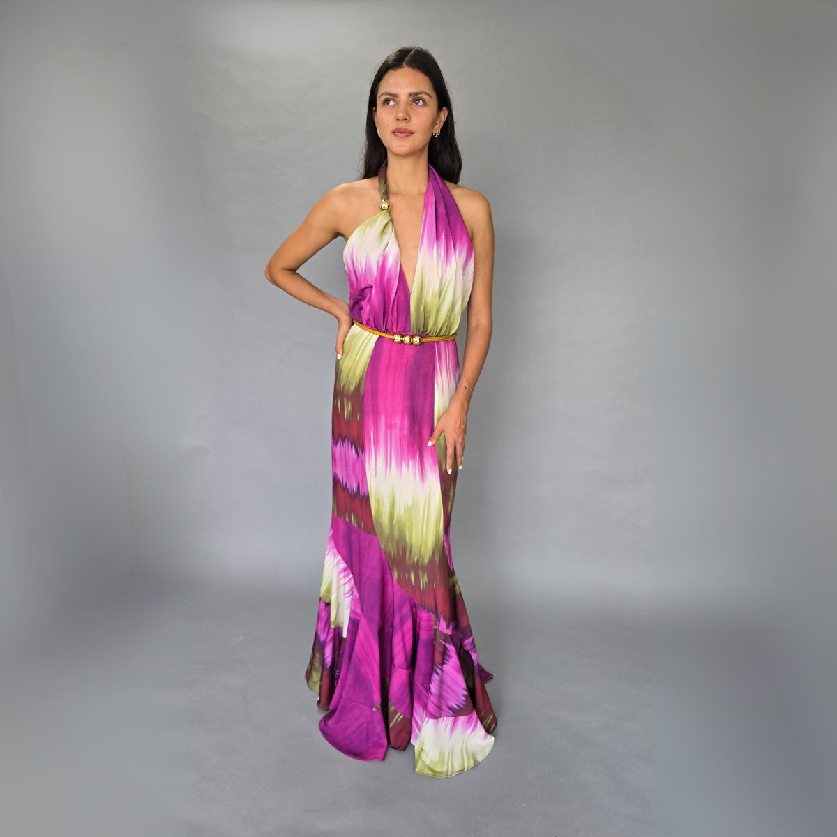 Vestido Satín Verde y Morado Halter