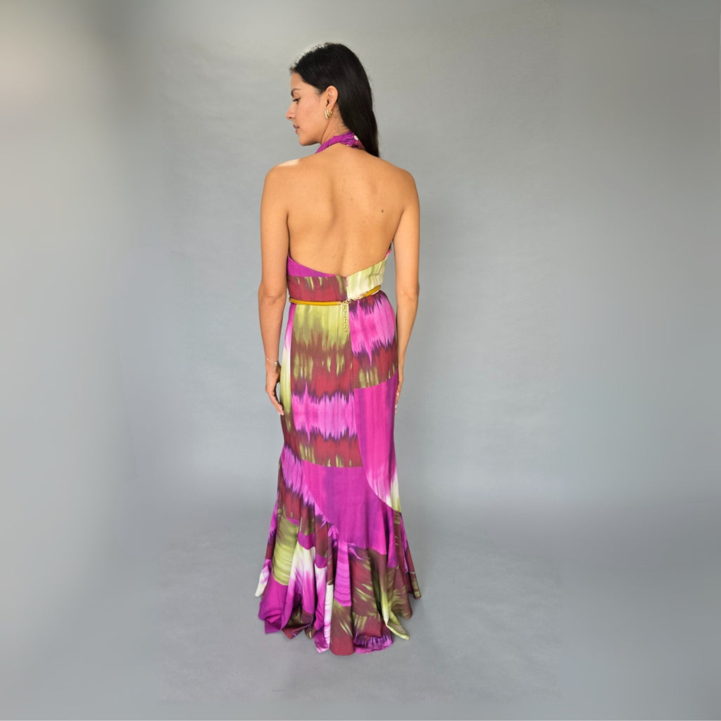 Vestido Satín Verde y Morado Halter