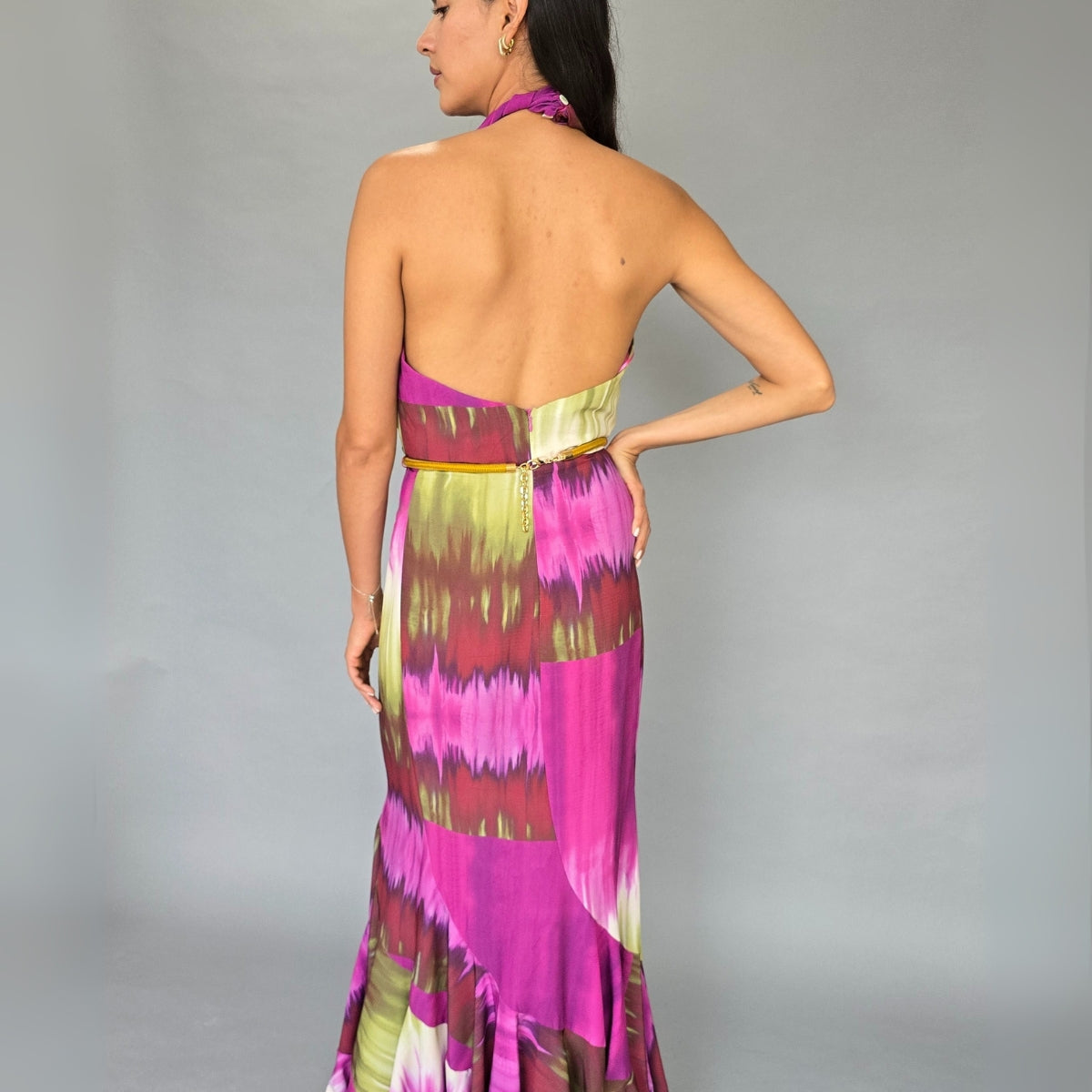 Vestido Satín Verde y Morado Halter