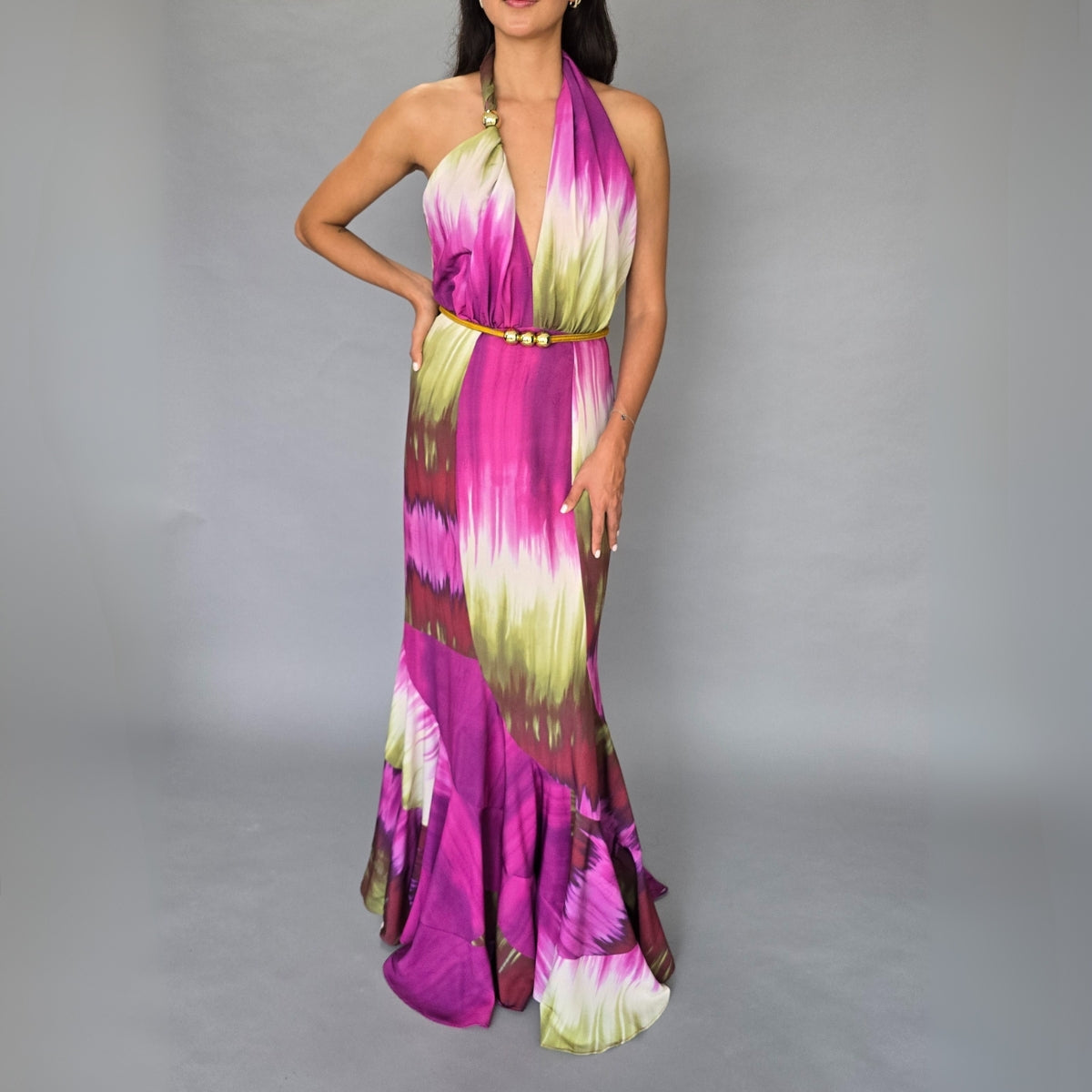 Vestido Satín Verde y Morado Halter