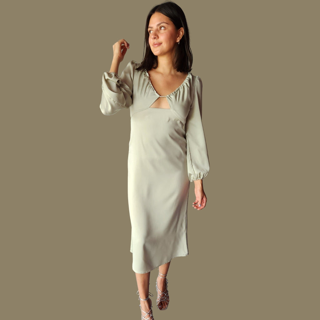 Vestido Midi Mangas Verde Pistache