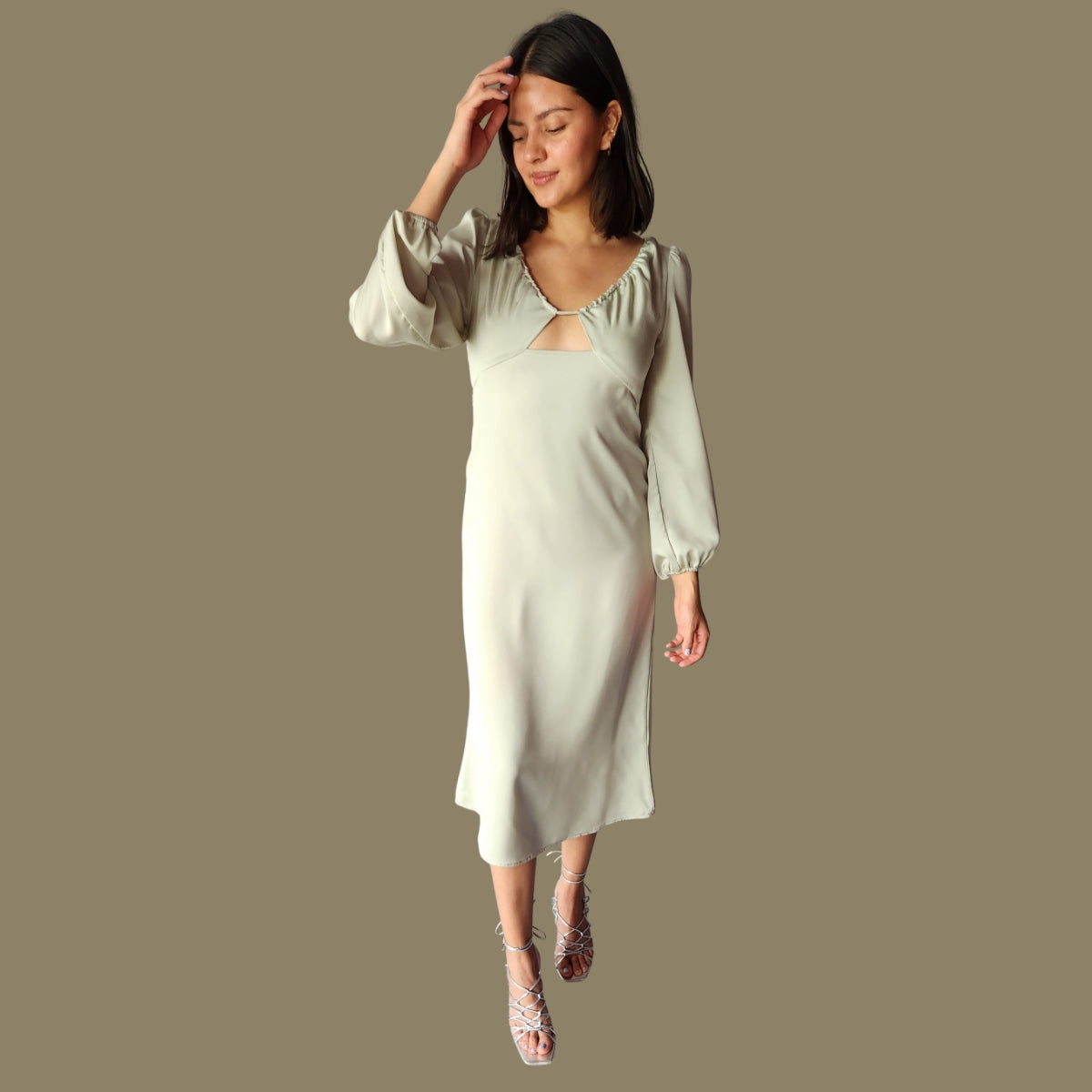 Vestido Midi Mangas Verde Pistache