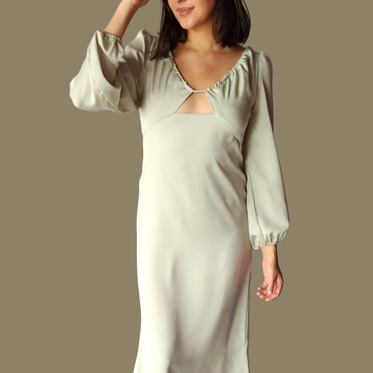 Vestido Midi Mangas Verde Pistache