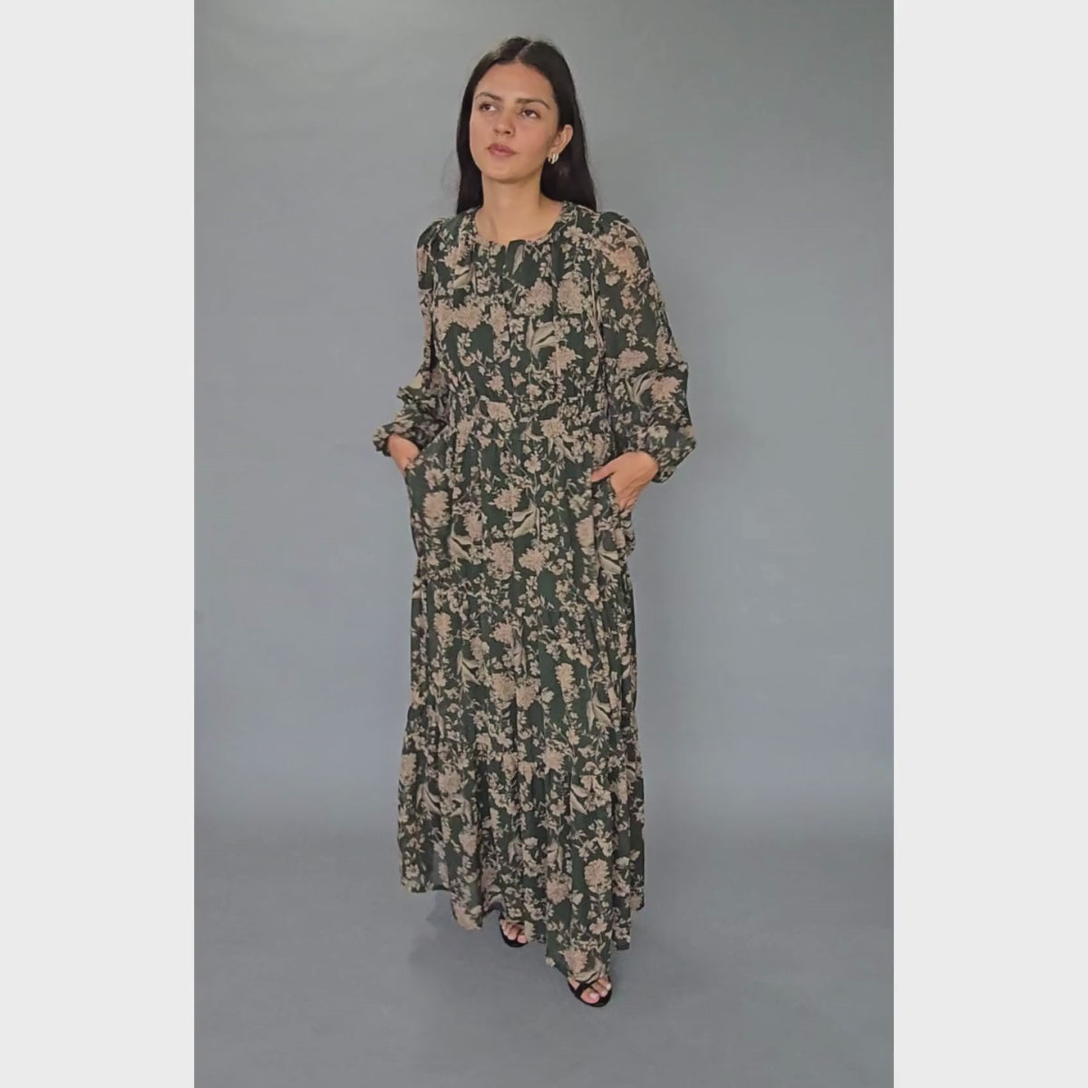 Vestido Mangas Verde Estampado Flores Café