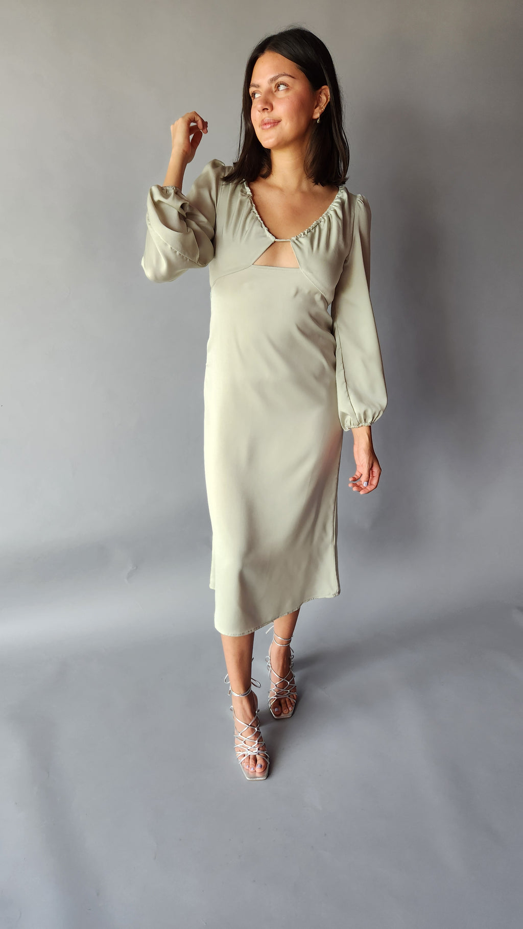 Vestido Midi Mangas Verde Pistache