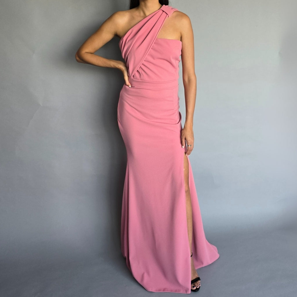 Vestido un hombro rosa palo
