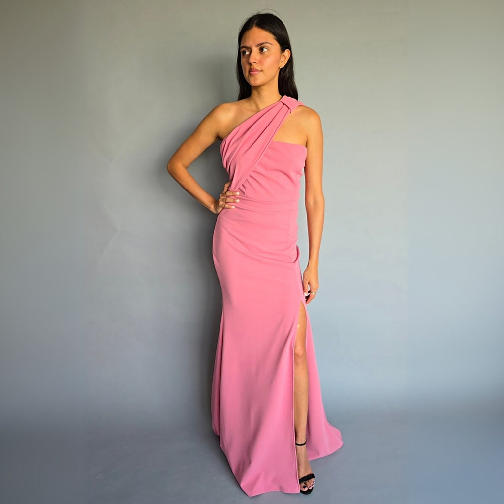 Vestido un hombro rosa palo